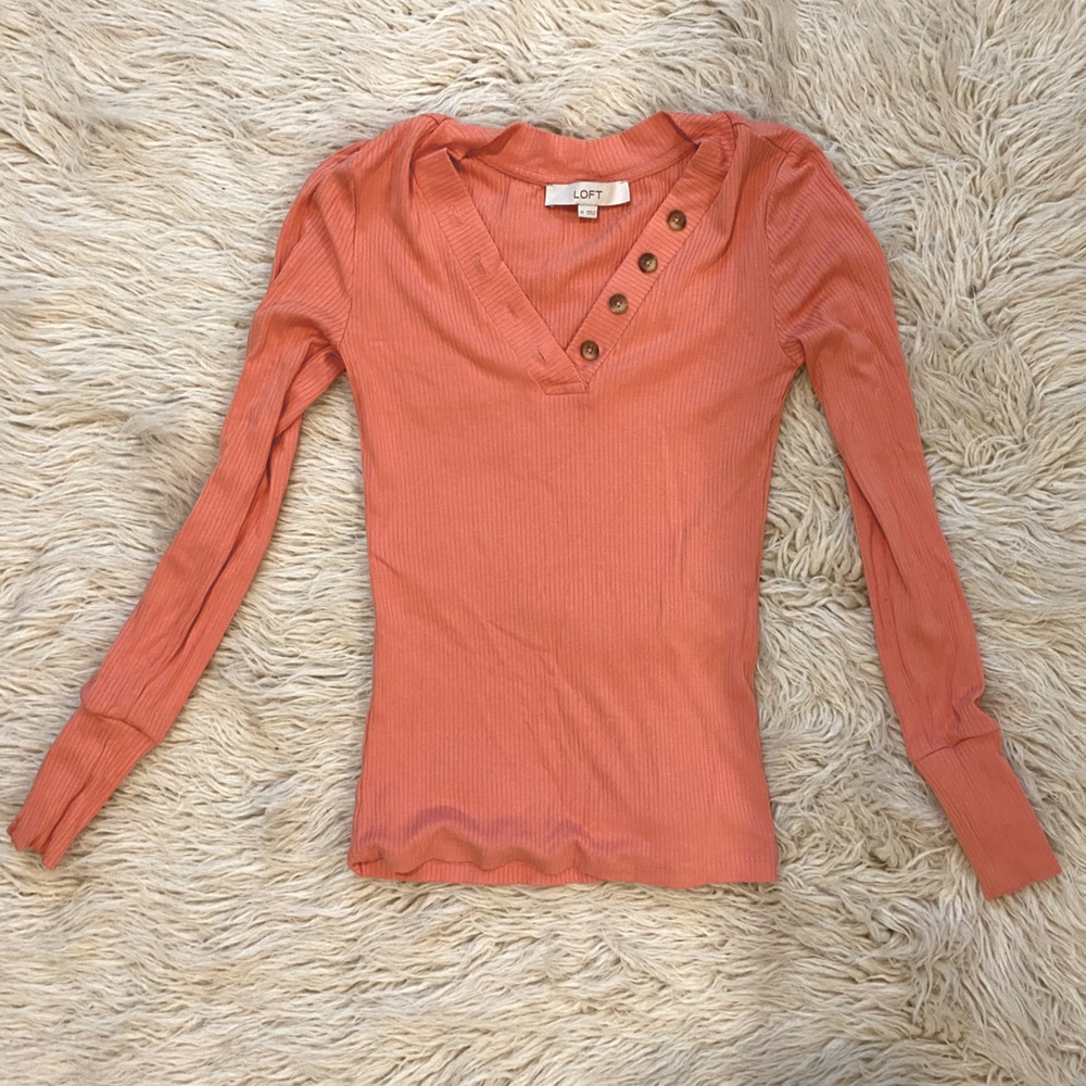 Coral Loft ribbed long sleeve blouse shirt with ribbed texture and button V neck